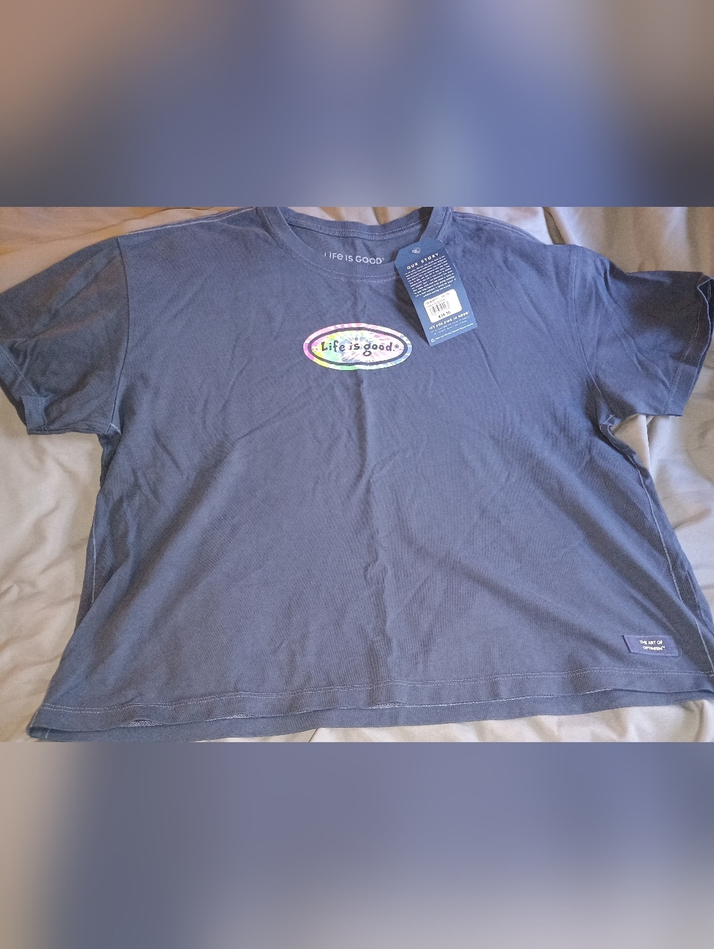 NWT Women's Large Life Is Good Navy Blue Logo Tee with Multi Color Oval